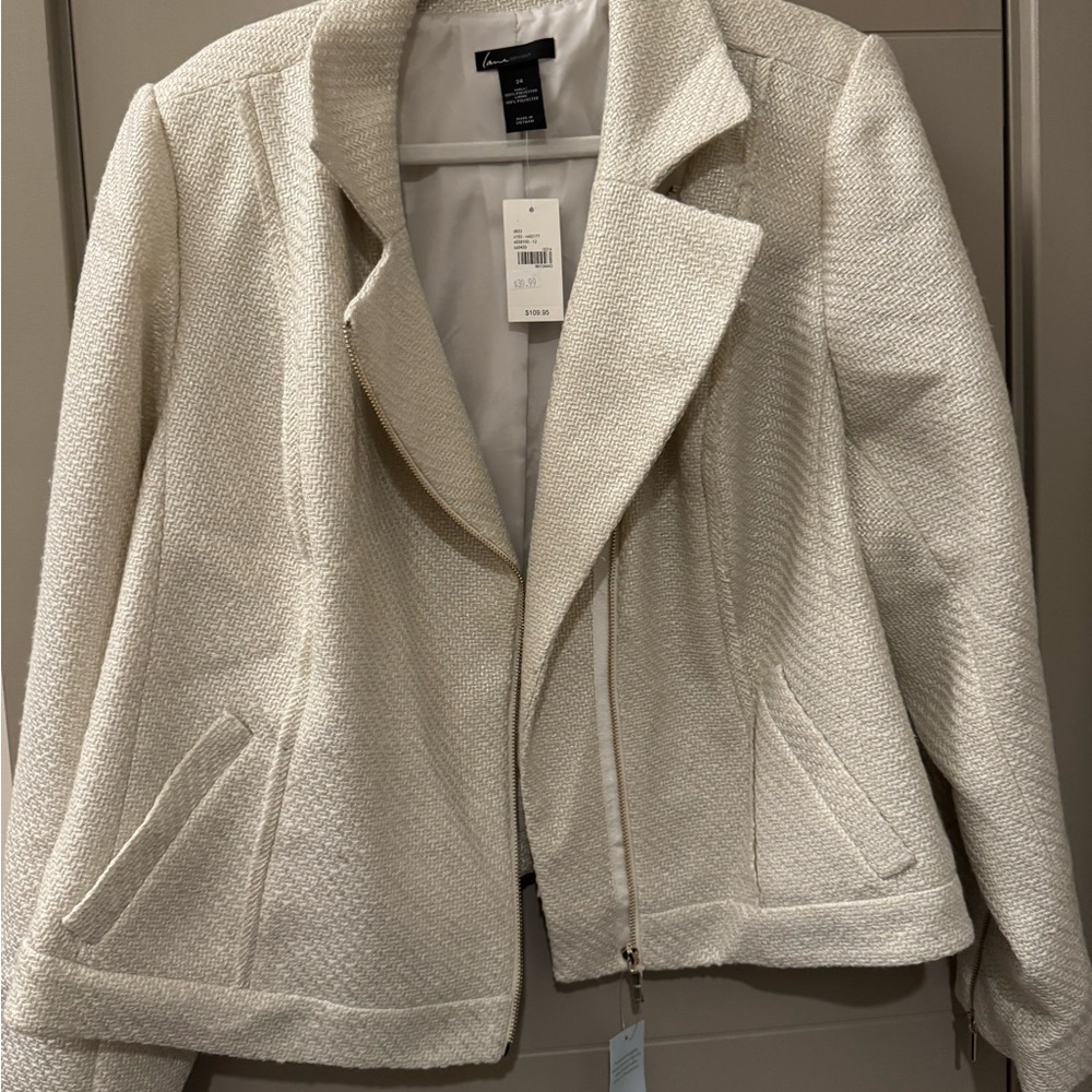 Lane Bryant Cream Tweed Asymmetrical Zip Jacket
